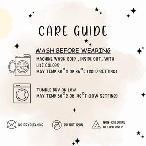 Puede incluir: Una gu&iacute;a de cuidado con instrucciones de lavado. Indica lavar a m&aacute;quina en fr&iacute;o, secar en secadora a baja temperatura y evitar la limpieza en seco y el planchado. El fondo es claro con ilustraciones de estrellas.