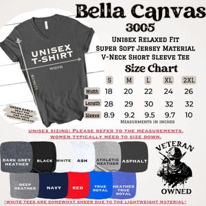 May include: Dark grey unisex V-neck t-shirt with a size chart. The shirt is made of super soft jersey material. Measurements in inches are provided for width, length, and sleeve length. Available in various colors.
