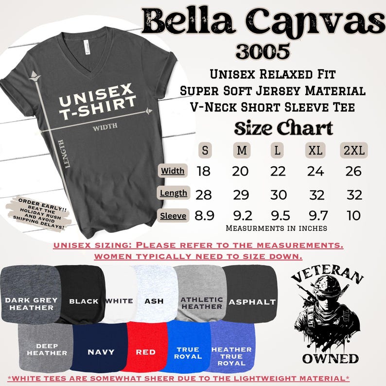 May include: Dark grey unisex V-neck t-shirt with a size chart. The shirt is made of super soft jersey material. Measurements in inches are provided for width, length, and sleeve length. Available in various colors.