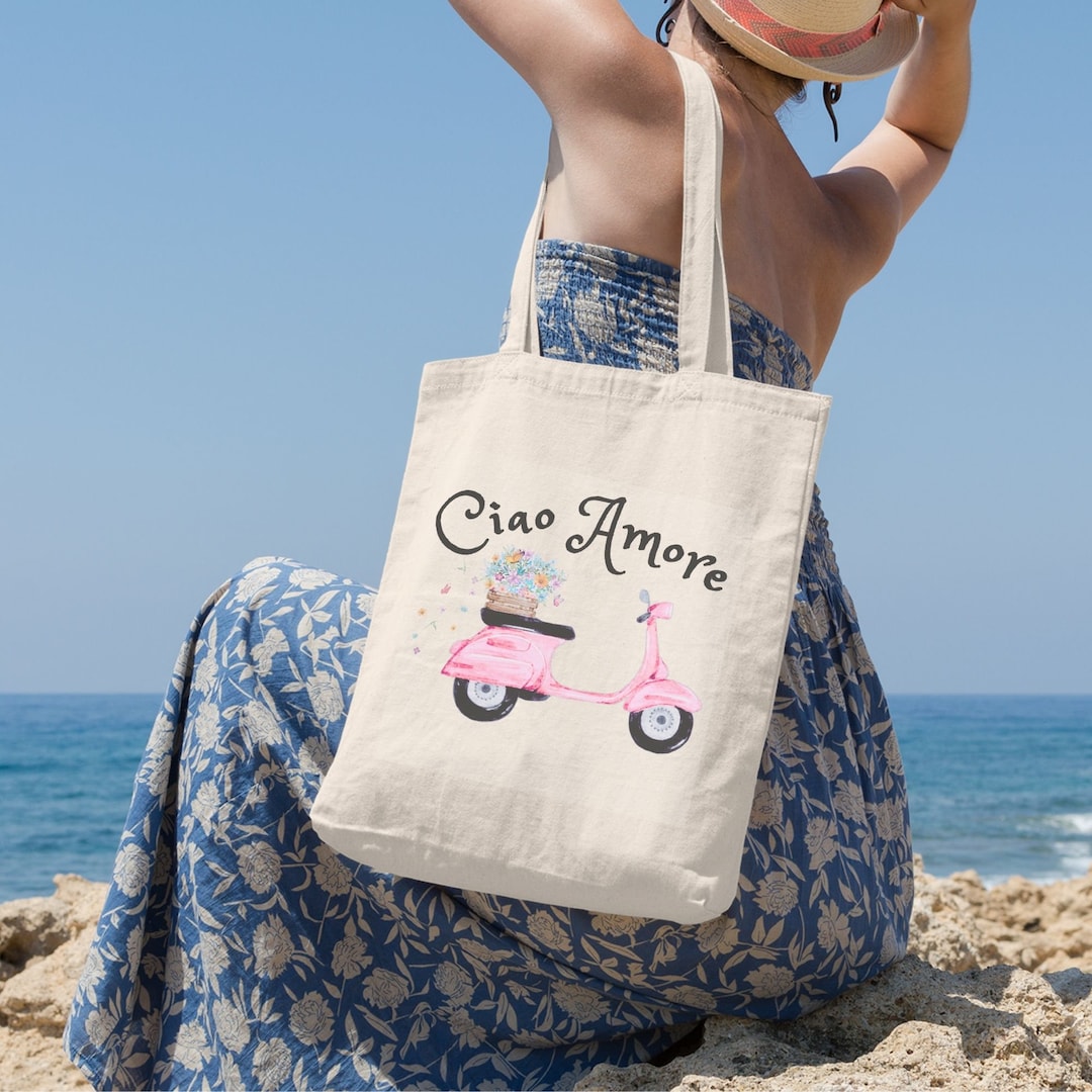 Borsa tote in tela di cotone Ciao Amore Scooter Italy, graziosa