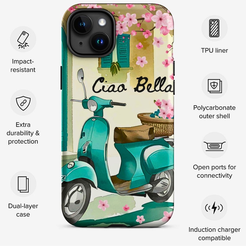 Op de afbeelding: Een turquoise en witte telefoonhoes met een bloemenpatroon en een vintage scooter met de tekst "Ciao Bella".