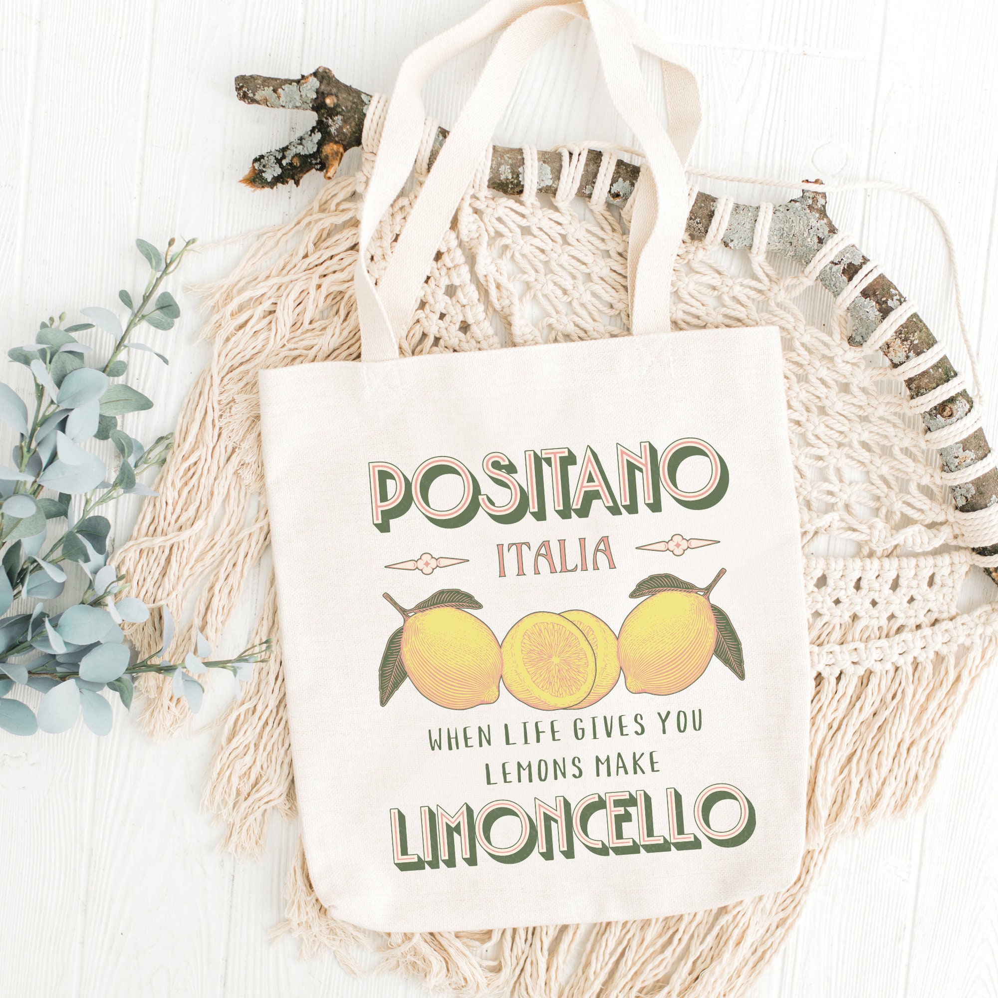 Positano Italy Limoncello Cotton Canvas Tote Bag Amalfi Coast Trip