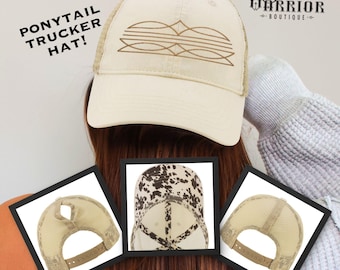 Cowgirl Embroidered Ponytail Trucker Hat Western Girl Gift Embroider Country Boot Stitch Women's Baseball Cap with Accent Fabric Underbill