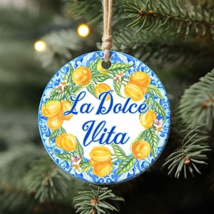 Amalfi La Dolce Vita Italian Christmas Ornament, Blue Tile & Lemons Italy Lover Gift, Italian Xmas Tree, Positano Italy Themed Home Decor
