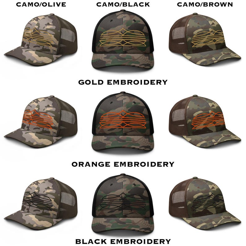 May include: A collection of camouflage baseball caps with mesh backs. The caps feature various embroidery colors, including gold, orange, and black, and are labeled with color combinations like Camo/Olive and Camo/Black. The caps are designed for outdoor wear.