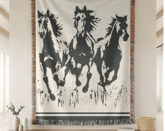 Western Boho Horse Artwork Woven Throw Blanket, Equestrian Home Decor, Cowgirl Houswarming Gift, Modern Country Ranch House Wall Tapestry