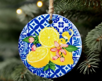 Amalfi Coast Italy Christmas Ornament Azulejo Blue Tile and Lemon Holiday Ornament Positano Italian Themed Gift Mediterranean Home Decor