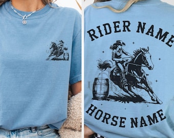 Custom Barrel Racing Comfort Colors Shirt, Personalized Barrel Racer Gift, Horse and Rider Name, Rodeo Cowgirl Mom & Dad Matching Tshirt
