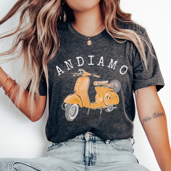 Andiamo Italy Yellow Scooter Shirt, Retro Italian Vacation Souvenir Tshirt, Love Italy Gift, Italian Saying T-shirt, Cute Italy Flag Outfit