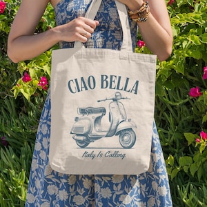 Ciao Bella Italy Is Calling Scooter Canvas Tote, Cute Italian Gift Bag, Italy Lover Travel Book Bag, Reusable Beach Grocery Market Tote Bag