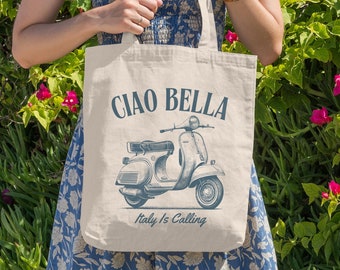 Ciao Bella Italy Is Calling Scooter Canvas Tote, Cute Italian Gift Bag, Italy Lover Travel Book Bag, Reusable Beach Grocery Market Tote Bag