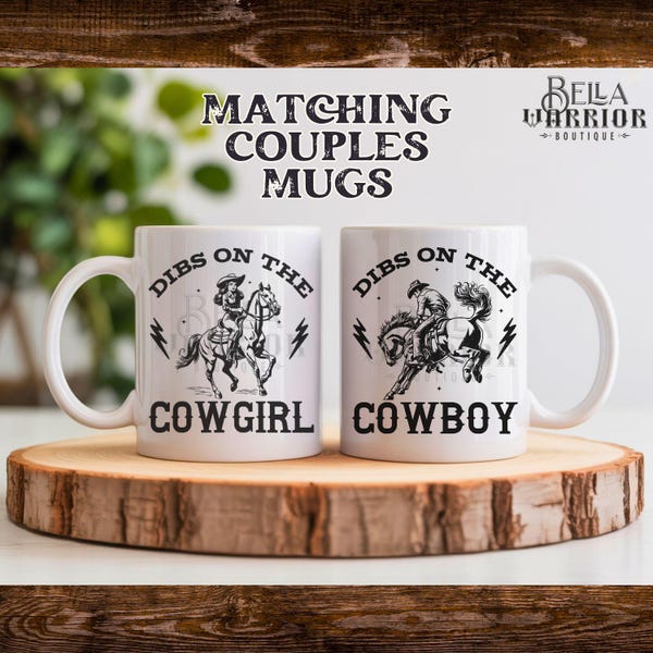 Bijpassende koffiemokken in westernstijl voor stellen, perfect als cadeau voor een cowgirl of cowboy, voor een bruiloft, verloving, pasgetrouwden of jubileum. M/Mrs.-mokken.