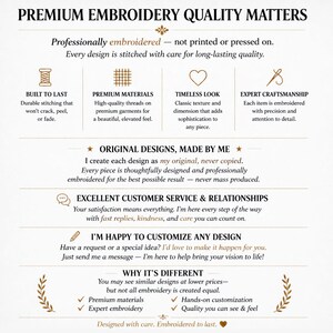 May include: A cream-colored graphic with text that reads "PREMIUM EMBROIDERY QUALITY MATTERS." The text highlights features like durable stitching, premium materials, and expert craftsmanship. It also mentions original designs and customer service.