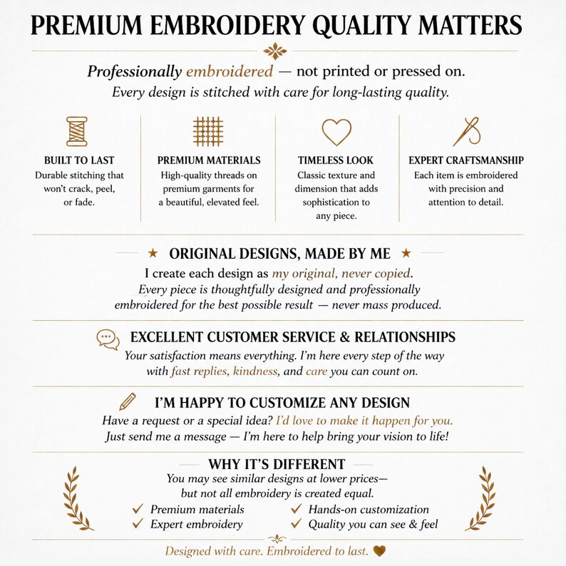 May include: A cream-colored graphic with text that reads "PREMIUM EMBROIDERY QUALITY MATTERS." The text highlights features like durable stitching, premium materials, and expert craftsmanship. It also mentions original designs and customer service.