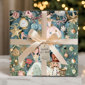 Papel de embrulho de Natal Quebra-Nozes Coquette, embrulho de presente natalino em tons pastel, bailarina elegante, estilo balé, teatro boutique.