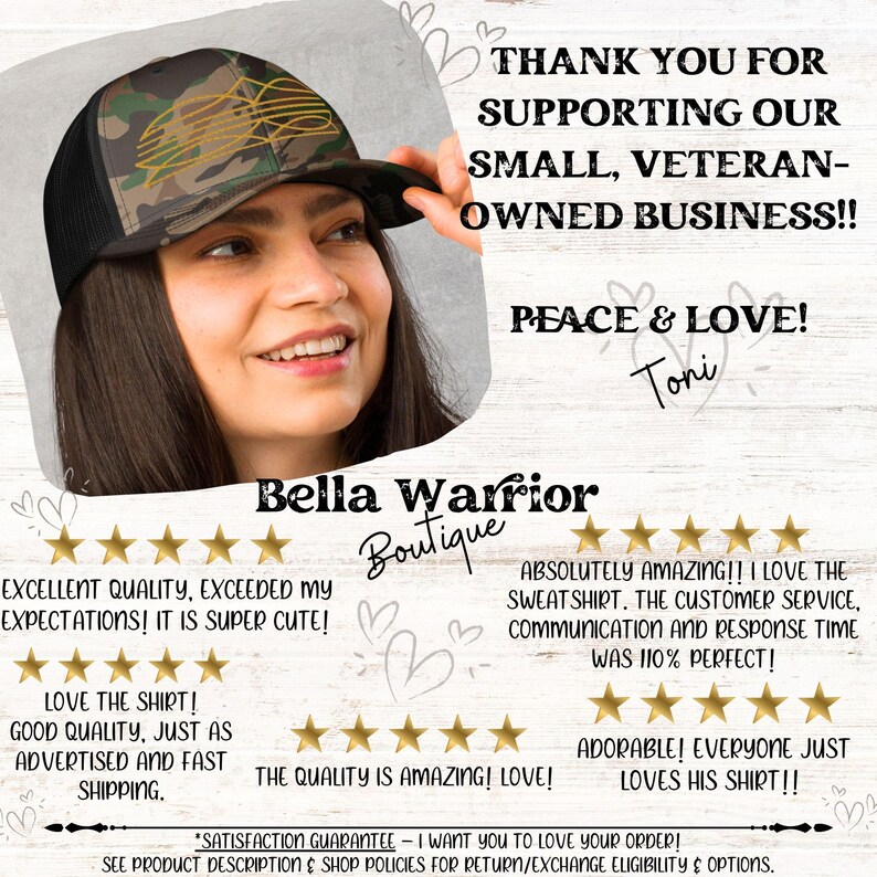 May include: A camouflage trucker hat with a black mesh back and a gold design on the front. The hat is being held by a person. Text on the image says "Bella Warrior Boutique".
