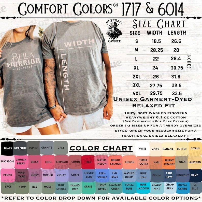 Puede incluir: Una tabla de tallas para camisetas Comfort Colors 1717 y 6014. La imagen muestra una camiseta unisex de corte relajado, una tabla con medidas en pulgadas y una carta de colores con varias muestras etiquetadas con sus respectivos nombres.