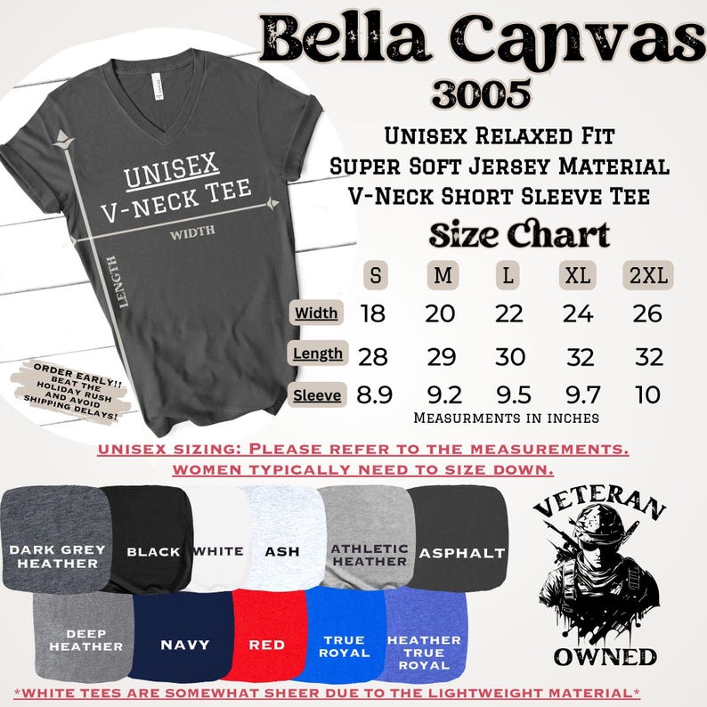 May include: A size chart for a unisex v-neck short sleeve t-shirt made by Bella Canvas. The chart shows measurements in inches for sizes S, M, L, XL, and 2XL. The shirt is described as super soft jersey material and has a relaxed fit.
