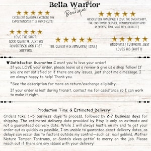 Puede incluir: Un fondo blanco con texto y gr&aacute;ficos de estrellas. El texto incluye rese&ntilde;as de clientes, una garant&iacute;a de satisfacci&oacute;n e informaci&oacute;n sobre producci&oacute;n/entrega. El nombre de la tienda "Bella Warrior Boutique" est&aacute; en la parte superior.
