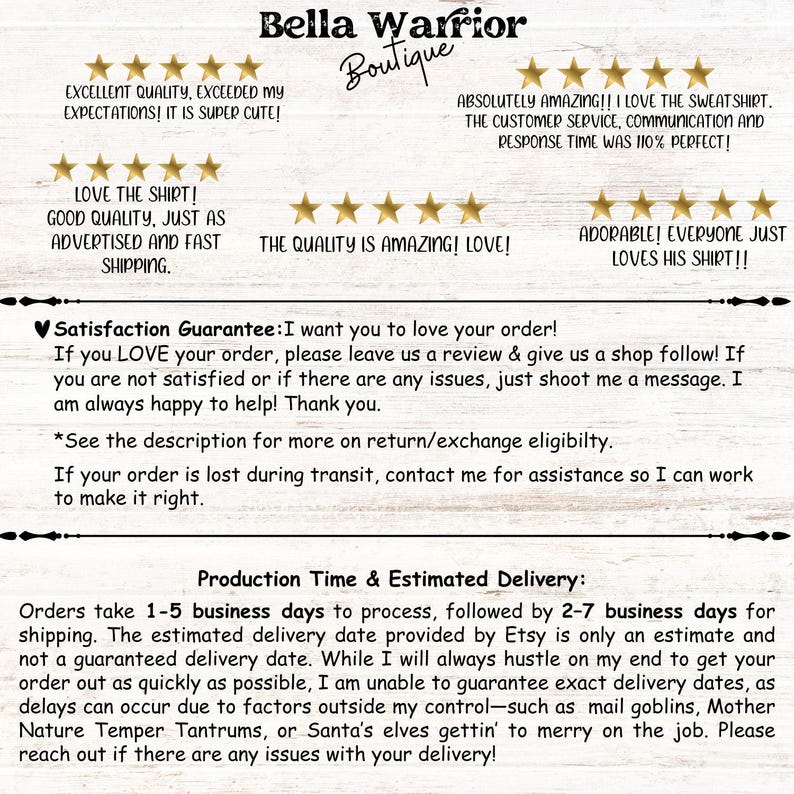 Puede incluir: Un fondo blanco con texto y gr&aacute;ficos de estrellas. El texto incluye rese&ntilde;as de clientes, una garant&iacute;a de satisfacci&oacute;n e informaci&oacute;n sobre producci&oacute;n/entrega. El nombre de la tienda "Bella Warrior Boutique" est&aacute; en la parte superior.