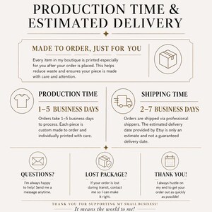 Puede incluir: Un gr&aacute;fico informativo con texto marr&oacute;n oscuro sobre un fondo beige claro titulado PRODUCTION TIME & ESTIMATED DELIVERY. Incluye secciones para MADE TO ORDER, PRODUCTION TIME, SHIPPING TIME, QUESTIONS, LOST PACKAGE y THANK YOU.
