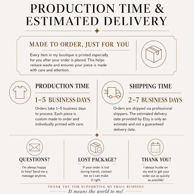Puede incluir: Un gr&aacute;fico informativo con texto marr&oacute;n oscuro sobre un fondo beige claro titulado PRODUCTION TIME & ESTIMATED DELIVERY. Incluye secciones para MADE TO ORDER, PRODUCTION TIME, SHIPPING TIME, QUESTIONS, LOST PACKAGE y THANK YOU.