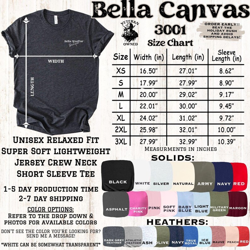 Puede incluir: Camiseta unisex gris oscuro de manga corta Bella Canvas 3001. La imagen incluye una tabla de tallas con medidas en pulgadas, opciones de color y el texto "Bella Warrior". La camiseta se describe como unisex, de corte relajado, s&uacute;per suave y ligera.