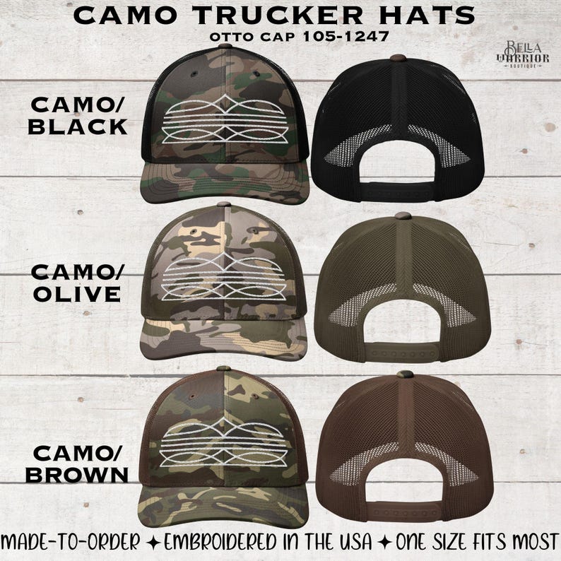May include: Camo trucker hats in black, olive, and brown. Each hat features a camouflage pattern on the front panel and a mesh back. The hats have a white embroidered design. The text "CAMO TRUCKER HATS" and "OTTO CAP 105-1247" are visible.