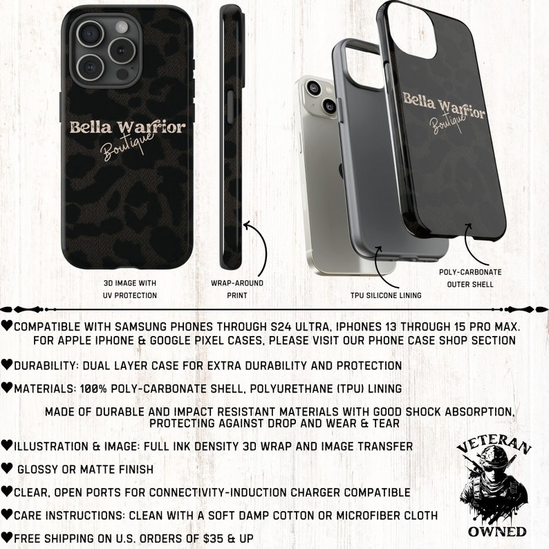Op de afbeelding: Een zwarte en bruine telefoonhoes met luipaardprint en de tekst "Bella Warrior Boutique" in gouden letters. De hoes is compatibel met Samsung- en Apple-telefoons. De hoes is gemaakt van duurzame materialen en heeft een omhullende print.