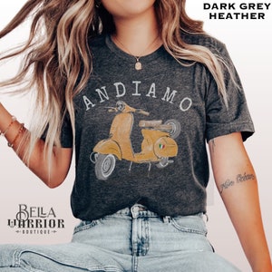 Andiamo Italy Yellow Scooter Shirt, Retro Italian Vacation Souvenir Tshirt, Love Italy Gift, Italian Saying T-shirt, Cute Italy Flag Outfit