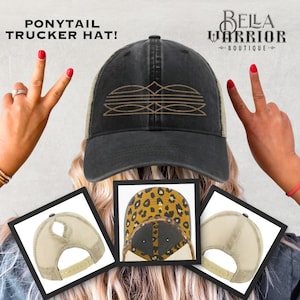 May include: Black and tan ponytail trucker hat with a gold geometric design. The hat has a mesh back and a leopard print underside. The text "PONYTAIL TRUCKER HAT!" is printed on the top left of the image.