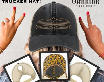 Cowgirl Embroidered Ponytail Trucker Hat: Western Girl Gift, Embroider Country Boot Stitch Women's Baseball Cap with Accent Fabric Underbill