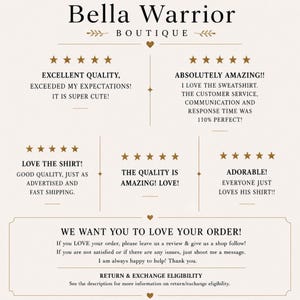 Puede incluir: Un gr&aacute;fico de rese&ntilde;as de clientes para Bella Warrior Boutique con valoraciones de cinco estrellas y testimonios. El texto incluye: Excellent quality, exceeded my expectations, absolutely amazing, love the shirt y we want you to love your order.