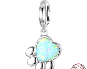 Pet Paw Charm, Translucent Opal, 925 Sterling Silver Charm for Bracelets, Necklace Pendants
