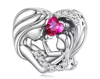 Ciondolo a forma di cuore con mamma e bambino, in argento Sterling 925 per braccialetti