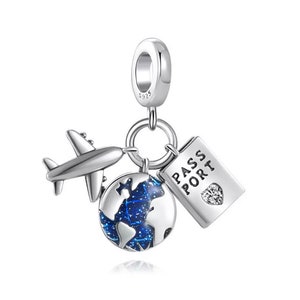 Travel Around the World Charm, Airplane Globe Passport Charm for European Bracelets, Necklace Pendants, Fits Original