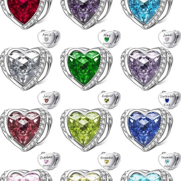 New Birthstones Charms, Heart Birthstones Charms for European Bracelets, Necklace Pendants, Fit Original