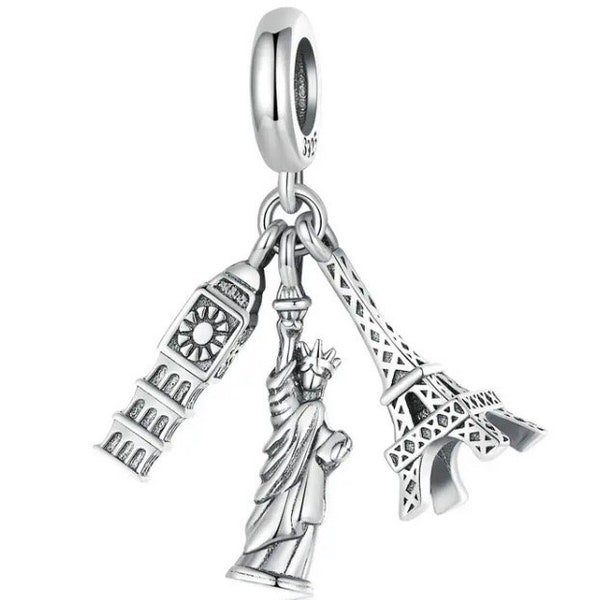 Charm de voyage, statue de la liberté, tour Elffe, horloge Big Ben, authentique breloque en argent sterling 925 pour bracelets européens, colliers à pendentifs