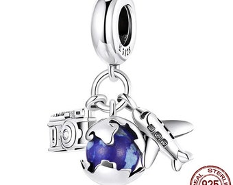 Travel Around the World Charm, Globe Airplane Charm, Aithentic 925 Sterling Silver Charm for European Bracelets, Necklace Pendants