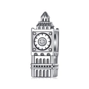 May include: A silver-colored charm in the shape of the Big Ben clock tower. The charm features a detailed design with a clock face and a small, sparkling gem in the center. The tower has a detailed architectural design.
