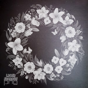 Corona de flores - Archivo de grabado Lightburn Glowforge - Slate Etching PNG - Regalo personalizable para el Día de la Madre
