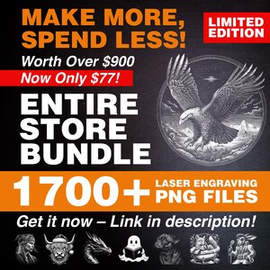 1700+ laser engraving PNG files for Glowforge, Omtech, XTool, Aeon Mira, Thunder Laser, Boss Laser, K40 laser files. Supports CO2, diode, fiber engraving. Slate engraving, slate coasters, wood, acrylic, metal. Fully optimized for LightBurn, LaserGRBL, RDWorks, EZCad. Entire store bundle, whole shop bundle, limited edition. Best deal for commercial use, laser businesses, instant download, professional engraving projects, ready-to-use designs.