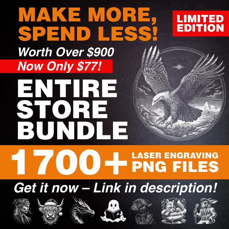 1700+ laser engraving PNG files for Glowforge, Omtech, XTool, Aeon Mira, Thunder Laser, Boss Laser, K40 laser files. Supports CO2, diode, fiber engraving. Slate engraving, slate coasters, wood, acrylic, metal. Fully optimized for LightBurn, LaserGRBL, RDWorks, EZCad. Entire store bundle, whole shop bundle, limited edition. Best deal for commercial use, laser businesses, instant download, professional engraving projects, ready-to-use designs.