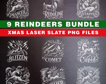 Archivos PNG de posavasos de pizarra de los 9 renos: listos para grabar con láser en Glowforge, Lightburn o Xtool