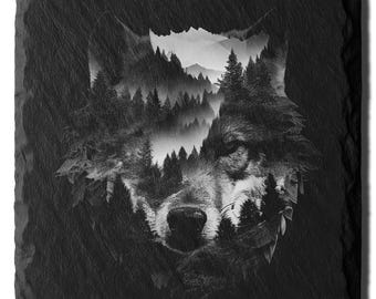Wolf Forest Laser Engraving PNG File, Slate Engraving Design, Double Exposure Wildlife Art for slate, dark stone or acrylic.