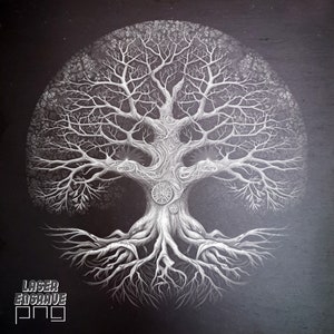 May include: A white detailed illustration of a tree with intricate branches and roots on a black background. The text "LASER ENGRAVE" is at the bottom of the image.