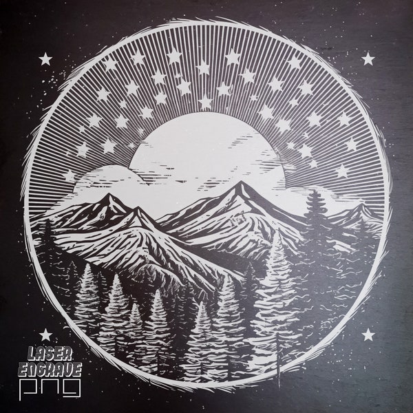 Laser Engraving File | Slate Coaster PNG | Downloadable and Printable Design | Full Moon on the Mountains | CNC Etching | American Landscape