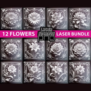 Bundel met 12 bloemen | Lasergravurebestand | PNG-pakket lente | Leisteen onderzetter gegraveerd | CNC-project | Bundel laserbestanden | Geboortebloemen, png