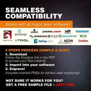 Seamless compatibility – Works with all major laser software including LightBurn, Glowforge, XTool, BossLaser, and more. Inverted PNGs included for perfect slate engraving.