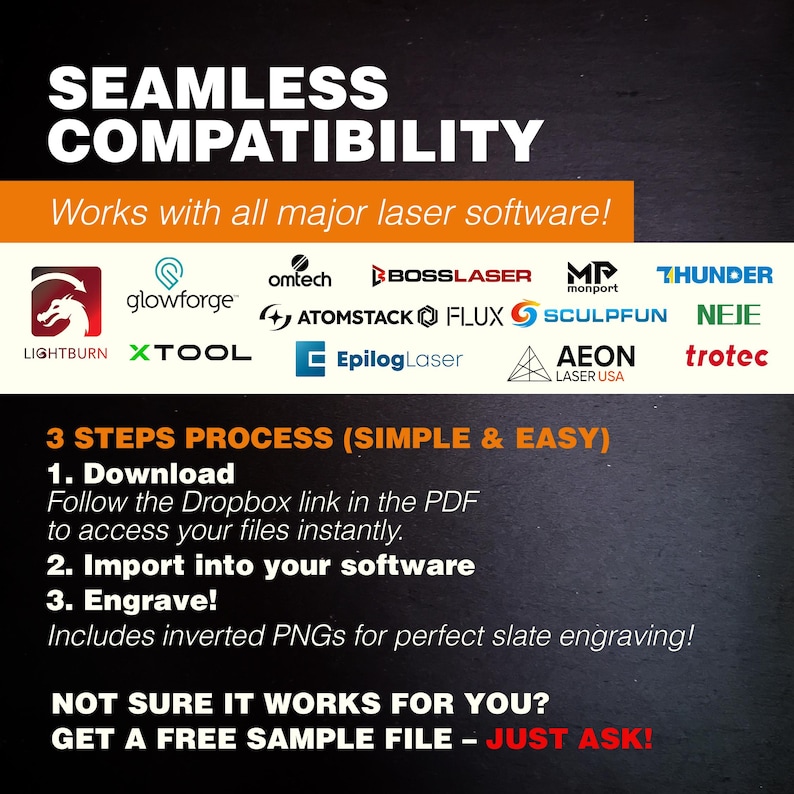 Seamless compatibility – Works with all major laser software including LightBurn, Glowforge, XTool, BossLaser, and more. Inverted PNGs included for perfect slate engraving.